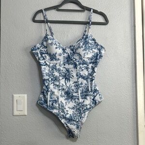 Blue and White Toile Print Bodysuit